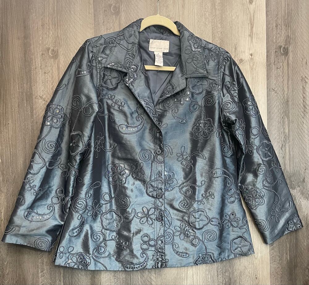 Susan Graver Style M Metallic Gray Blue Embroidered Sequin Jacket Blazer Y2K